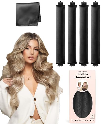Overnight Silk Black Hair Wrap Headband for Heatless Curls and Blowout Look - Jumbo Rollers for Long Hair No Heat Curling Set