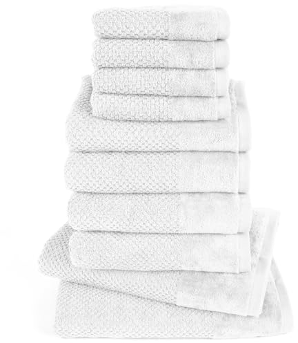 Pure Label 10-TLG. Handtücher Set mit Aufhängeschlaufen aus 100% Baumwolle, saugstark und weich - 2X Badetuch (70x140 cm) 4X Handtuch (50x100cm) 4X Gästetuch (30x50 cm), Weiß