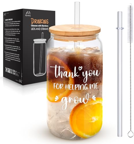 Joymaking Bamboo Lid Glasses with Straws - Iced Coffee Tea Glass, Graduation & Teacher Appreciation Gifts 16oz