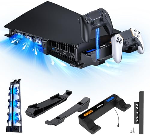 NexiGo PS5 Horizontal Stand with Charging Station for PS5 and Edge Controllers, Silent Cooling Fan with Adjustable Speed, [Auto Power On/Off], Compatible with PS5 Disc & Digital Editions, Black