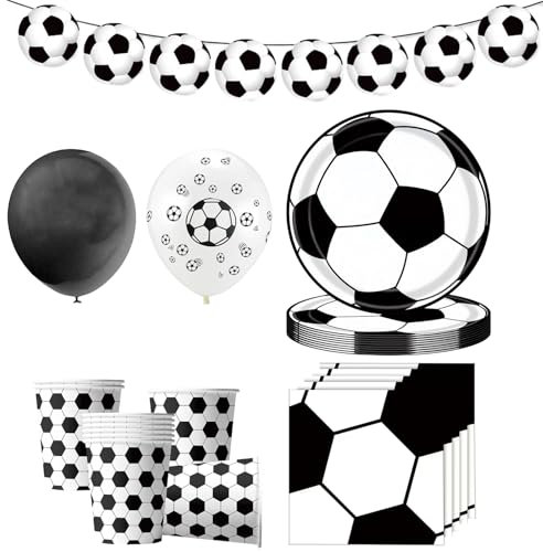 Mitdir Lot de 79 pièces de vaisselle de fête de football en carton noir et blanc pour anniversaire d'enfant Décoration de fête de football Assiettes en carton pour 20 invités