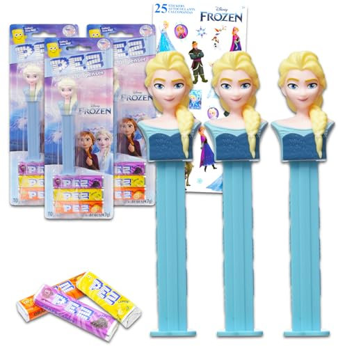PEZ-Spender Die Eiskönigin, 3er-Pack – Paket mit 3 Pez-Spendern mit Elsa mit Pez Nachfüllpackungen plus Aufklebern | Disney PEZ Süßigkeitenspender und Süßigkeiten-Nachfüllpackungen