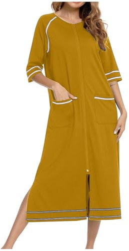 NSICBMNO Yellow Long Nightgowns For Women Striped Dressing Gown Lightweight Bath Robes Zip Dressing Gowns Short Sleeve Nighties Summer Pyjamas Housecoats With Pockets Nightwear Sleepwear