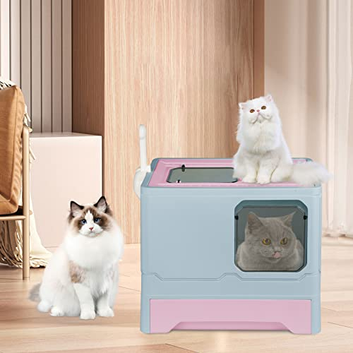 HUOLE Caja de Arena para Gatos Arenero Cerrado para Gatos con Cubierta Desmontable Bandeja Extraíble Techo Abatible Puerta de Entrada y Pala Carga de 15 kg, 45 * 35 * 38 PP-Azul