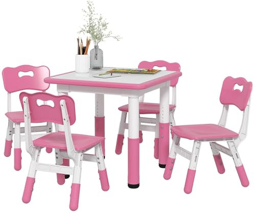 AIYAPLAY Set Tavolino e Sedie per Bambini 18-60 Mesi, Design Salvaspazio, Altezza Regolabile, Tavolo per Bambini con Lavagna per Cameretta, in Legno e PP, per 4 Bambini, Rosa