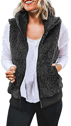 POIUIYQA Gilet da donna in pile caldo felpato morbido cardigan con cappuccio gilet morbido in tinta unita senza maniche giacca gilet giacca giacca giacca con cerniera autunno inverno cappotto