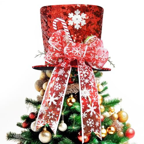 JOYWU Christmas Tree Topper Hat, 25 x 20cm Stripes Plaid Xmas Tree Top Hat with Christmas Ornaments and Bows, Collapsible Red White Stripe Tree Topper Decoration