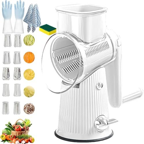 Le D Affaires 5 in 1 Cheese Grater, Le D'Affaires Cheese Grater, Le D Affaires 5 in 1 Gourmet Cheese Grater, 5 in 1 Rotary Cheese Grater Vegetable Slicer, with Hand Crank, 10 Blades (White-5 Blades)
