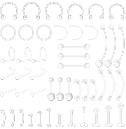 LAURITAMI 48 Stück Klare Piercing Retainer für Nasen Septum Lippen Zungen Nippel Bauchnabel Ohr Knorpel Piercing Hoops Plastik Piercing Platzhalter Schmuck für OP