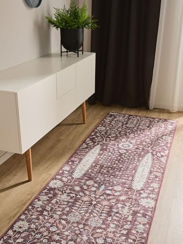 benuta Basic Waschbarer Teppich George - Bordeaux 80x240 cm - Kunstfaser - Läufer & im Style: Vintage, Elegant, Retro - Pflegeleicht für Wohnzimmer Schlafzimmer Flur