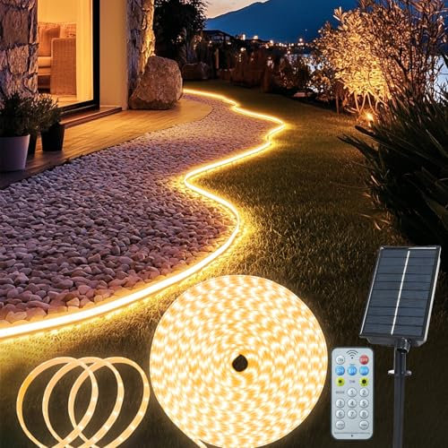 echosari 10M Solar LED Streifen Außen, 640 LED Strip Lichter mit Fernbedienung Dimmbar Timer LED Lichtstreifen Wasserdicht Lichter Band für Zaun Veranda Pavillon Gartenbäume Außen dekor (Warmweiß)
