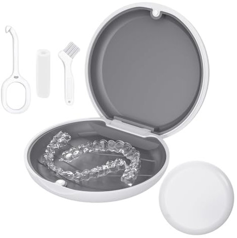 Zahnspangendose Zahnschiene Box Kompatibel mit Invisalign, Retainer Case mit Entnahmewerkzeugen& Aligner Chewies& Bürste, Herausnehmbares Innenfach aus Silikon (Weiß)