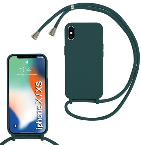MBSLFY Silikon Handykette für iPhone X/iPhone XS Hülle mit Band,Silikon Necklace Handyhülle mit Abnehmbar Kordel zum Umhängen Stossfest Bumper Handy Schutzhülle für iPhone X/iPhone XS, Dunkel grün