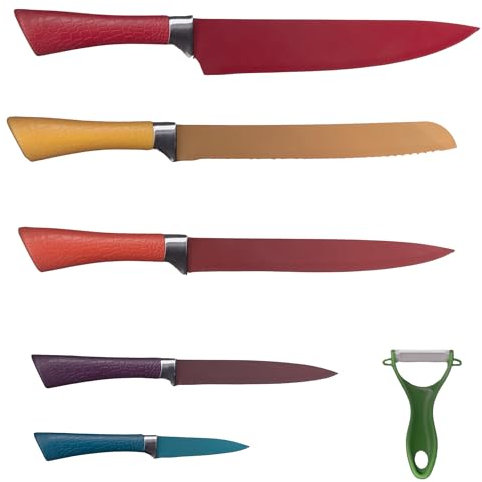 LARA MORADA Set Coltelli da Cucina 6 pezzi Acciaio Inox - Antiaderente Lame Affilate Antibatterico - Manici egonomici - Utensili da Cucina Professionali (Colorati)