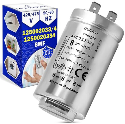 Condensador de Arranque 8µf 425V - 475V 50/60Hz con Temperatura de Funcionamiento de -25 a +85°C con Código Original 416.25.5392 para Ducati 125002033/4 para Electrolux - MADE IN EU - MONTERAL