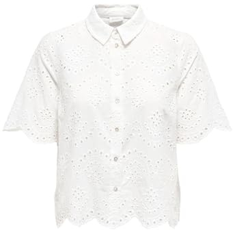 ONLY Damen Bluse Kurzarm Rundhals Kentkragen Knopfleiste Unifarben Modisch