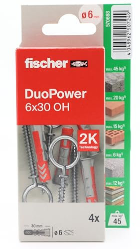 fischer - Duopower 6x30 Con Hembrilla Cerrada - 4U, Tacos para pared multimaterial, sirven para Colgar Bicicletas, Cuadros, Armarios, Soportes de Televisión, Estanterías, Muebles.