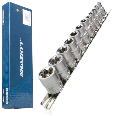 HASKYY Torx Jeu de 12 douilles profil E 1/4 (E4, E5, E6, E7, E8) et 3/8 (E10, E11, E12, E14, E16, E18, E20)