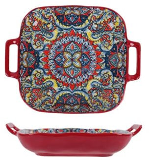 Ceramic Dinner Plate 9 - Porcelain Pasta Bowls,Handled Square Platter for Breakfast, Salads,Fruit,Cereal,Dessert,Bohemian Style(Style A)