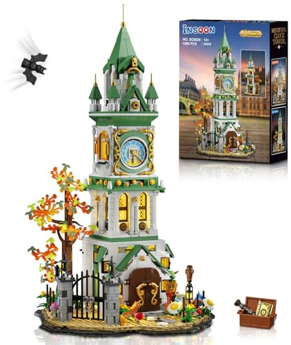 INSOON Magisches Uhrenturm Bauset mit Beleuchtung, 1566 Stück Großes Mittelalterliches Burg Haus Klemmbausteine mit Eule & Garten, Erwachsene Jugendliche Jungen Mädchen ab 12+