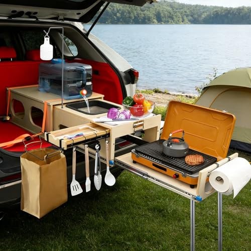 JAGAHAHA Overland Küchen-Ausziehsystem, All-in-One Camping-Küchenbox mit Spüle, Schneid- und Kochfunktionen, zusammenklappbarer Campingtisch für SUV, Overlanding & Autocamping, schnelles 1