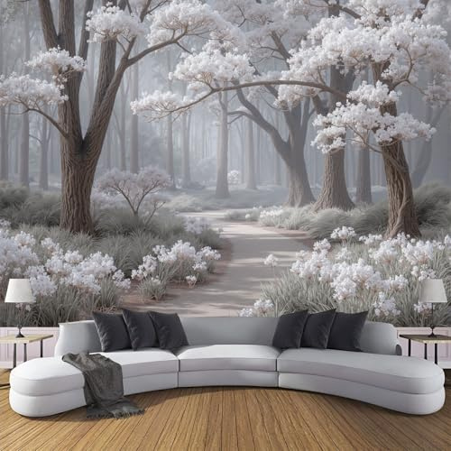 DLERFLOVR Tapete Grau Seidentapeten Pfad Durch Den Nebelwald Tapeten Waldlandschaft Wandtapete Wanddeko Motivtapeten für Wohnzimmer Schlafzimmer Kinderzimmer 300x210cm