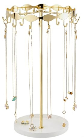 Lolalet Drehbarer Schmuckständer mit 26 Metallhaken, Rotierender Schmuckhalter Schmuck Organizers Schmuckaufbewahrung für Halsketten Armbänder Schlüsselanhänger -Gold