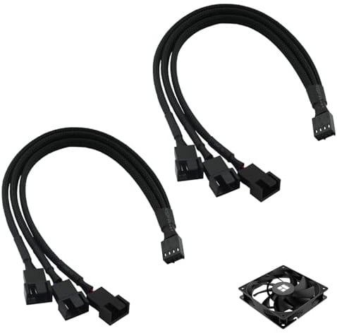 2 Pack 4 Pin PWM Fan Splitter, Fan Splitter Cable 27cm, 1 to 3 Computer Case Fans Y Splitter for Motherboard Header, PWM Speed Control Sync, Sleeved Black Extension for Desktop PC Cooling Builds