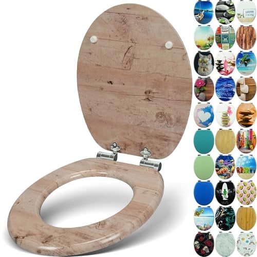 SANFINO® Premium WC Sitz mit Absenkautomatik – hochwertige Toilettendeckel aus Holz, viele bunte Motive, hoher Sitzkomfort, einfache Montage inklusive Montageanleitung – Light Wood