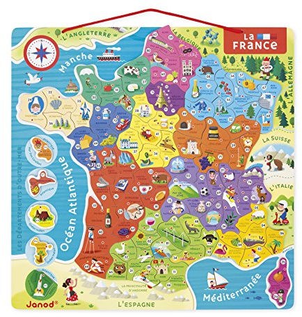 Janod - Magnetische Landkarte ‘Frankreich’ aus Holz - Magnet-Puzzle mit 93 Magneten - Kinderpuzzle - Karte zum Aufhängen an der Wand - Lernspiel - Französisch - Ab 7 Jahren, J05480