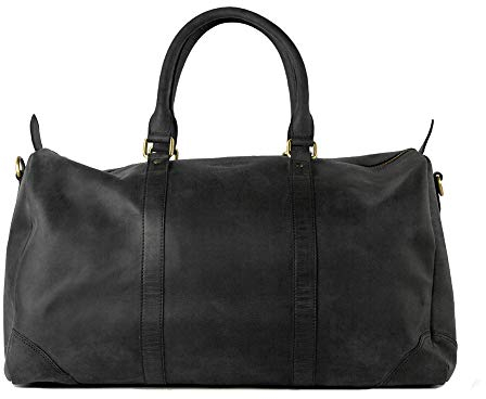 HOLZRICHTER Berlin - Weekender aus Leder für Herren (No 8-1), Reisetasche 27x50x25 cm, Handgefertigte Echtleder Umhängetasche mit Schultergurt, für Handgepäck, Schwarz-Anthrazit