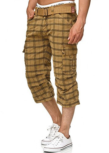 Indicode Herren Nicolas Check 3/4 Cargo-Shorts inkl. Gürtel | Herrenshorts aus Baumwolle Amber Check, S