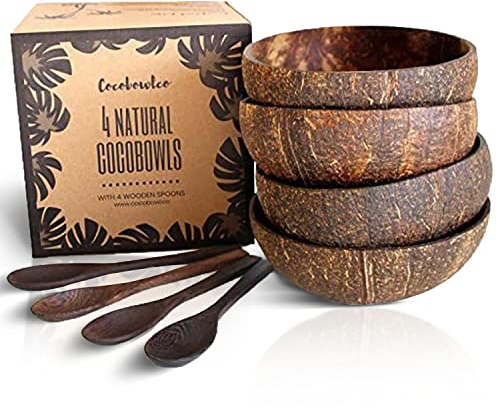 COCOBOWLCO Kokosnussschale und Holzlöffel-Set, Geburtstagsgeschenke für Frauen, umweltfreundliche Küchendekoration für Acai- und Smoothie-Schalen (4, natürlich)