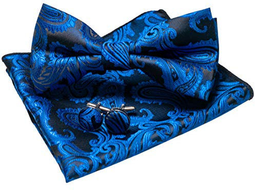 JEMYGINS Paisley Blau Fliege und Einstecktuch mit Manschettenknöpfe Sets für Herren (12)