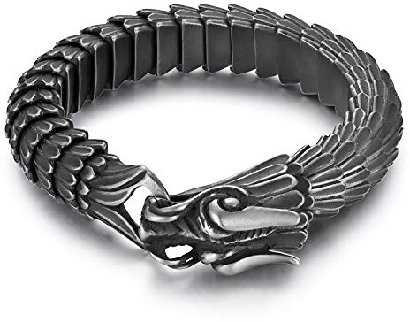JewelryWe Herren Armband Edelstahl Drache Gliederkette Biker Gotik Armreif Armkette Schwarz