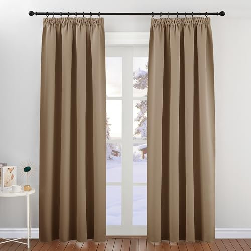 PONY DANCE Thermogardine mit Kräuselband 2er Set H 200 x B 140 cm Verdunkelnde Vorhänge Wohnzimmer Verdunkelungsvorhang für Schienensystem Gardinen Blickdicht, Cappuccino