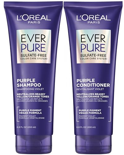 L’Oreal Paris EverPure Sulfate Free Brass Toning Purple Shampoo and Conditioner Set for Blonde, Bleached, Silver, or Brown Highlighted Hair, 1 Kit