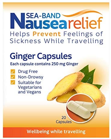 Sea-Band Travel Sickness Ginger Capsules (20 Pack) for Adults and Children over 12 Years, for Motion and Nausea Relief (20 Capsules, Pack of 1)
