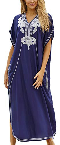YOUKD Été Coton Brodé Floral Lâche Caftan Boho Beach Bikini Cover Up Robe Grande Taille Robe pour Femmes