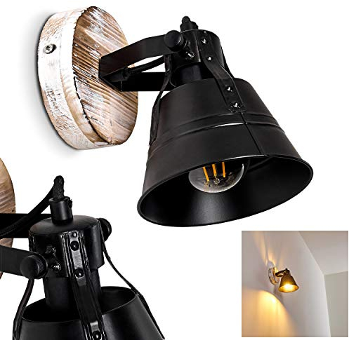 Applique Berkeley, lampe murale orientable en métal/bois noir, 1 flamme, 1 douille E27, spot mural design rétro/vintage, sans ampoules