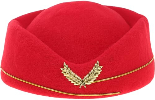 Holibanna Flugbegleiter Kappe Stewardess Hut Fühlte Retro Flugbegleiter Hut Air Hostess Cap Cosplay Kostü Uniform Baskenmütze Hut für Frauen (Rot) Karnevalshut