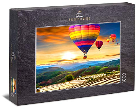 Ulmer Puzzleschmiede - Puzzle „Am Himmel über Thailand“ – Klassisches 1000 Teile Puzzle mit exotischem Motiv – Ballonfahrt in der Abendsonne über Reisfeldern in den Bergen von Thailand, Südost-Asien