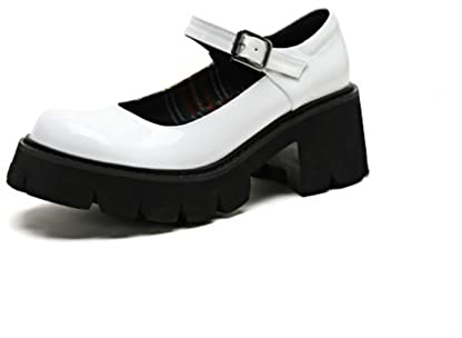 Frauen klobige Plattform Mary Jane Schuhe Retro Schnallenriemen runde Zehen Wohnungen Flacher Mund japanische süße Lolita Prinzessin Schuhe Weiß 38 EU