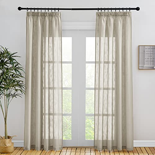 PONY DANCE Voile Gardinen mit Kräuselband Vorhang Halbtransparent - Gardinen Wohnzimmer Leinenoptik Vorhänge im Landhausstil Vorhang Dicker Stoff, Taupe, 2 Stücke H 220 x B 140 cm