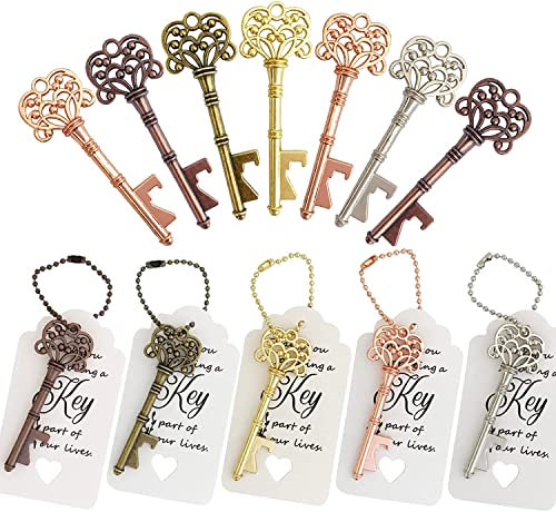 WODEGIFT 60 PCS Key Bottle Openers,Wedding Favors,Bridal Shower Party Favors with Card Tag and Chains，Decorations or Souvenirs for guests Bulk, (5 colors mix and match)