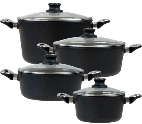 BAF Kochtopf Set Induktion 8-tlg. Bratentopf 20 cm + 24 cm, Kochtopf 28 cm & Suppentopf 28 cm - Topfset Aluguss beschichtet - Made in Germany