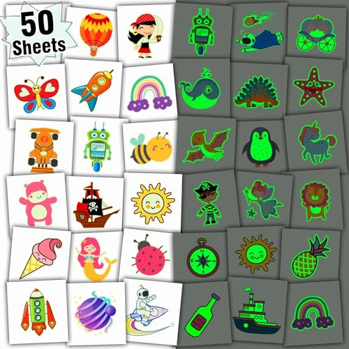 Leesgel 50 Blätter Leuchtende Tattoo Kinder, Individuelle Gemischte Kindertattoos Temporäre Tattoo Sticker Kinder, Give Aways Kindergeburtstag Gastgeschenke Deko Geschenke Mädchen Jungen Spielzeug