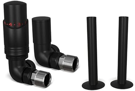 UK Radiators Black Thermostatic Radiator Valves and Corner Lockshield Valve - Black and Matt Finish - Classy and Modern Design 1/2 x 15mm Corner Radiator Valves - with Black Matte 130mm Pipe Covers