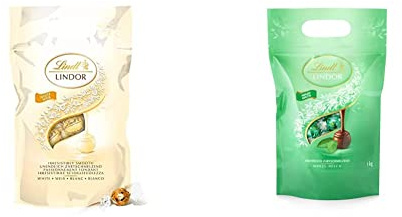 Lindt LINDOR Schokoladen Kugeln weiß, 1kg & LINDOR | 1 kg Beutel, wiederverschließbar | ca. 80 Kugeln Minze-Milch-Schokolade mit Füllung | Großpackung, Pralinen-Geschenk, Schokoladengeschenk