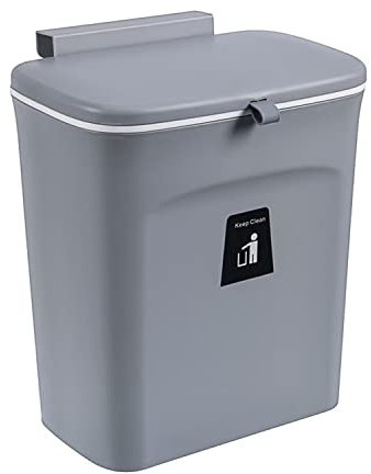 SHISHI 9 Litre Poubelle à Compost Cuisine avec Couvercle, Petite Poubelle Compost pour Portes ou Mural, Poubelle Suspendue en Plastique pour Cuisine, Salon, Chambre, Salle de Bains (Gris)